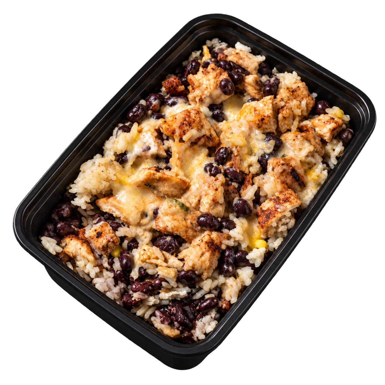 Grilled chicken, black bean and rice bowl with melted cheese and light sour cream